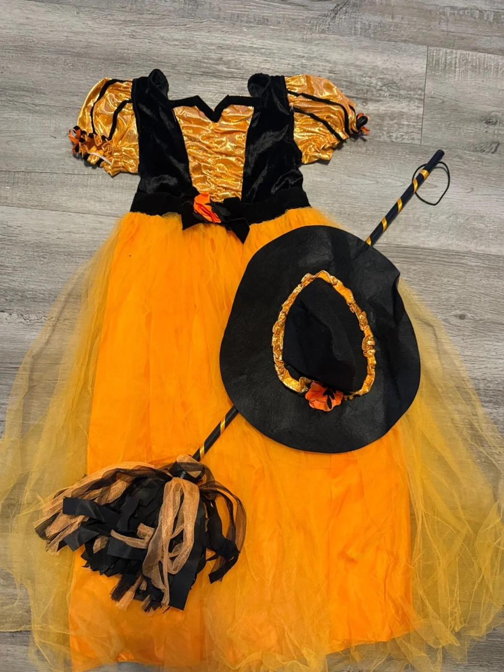 Girls Orange & Black Witch Costume with Hat and Broom